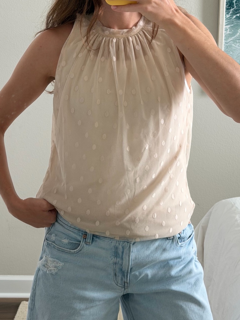 Sweet Pea Sheer Polka Dot Sleeveless Blouse in Blush